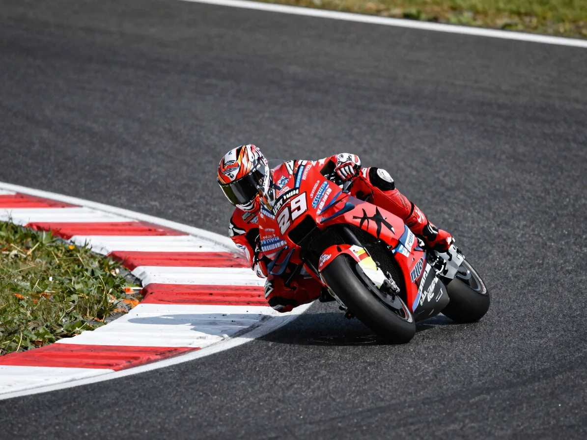 Tight telephoto frame of a MotoGP bike braking hard into the firs