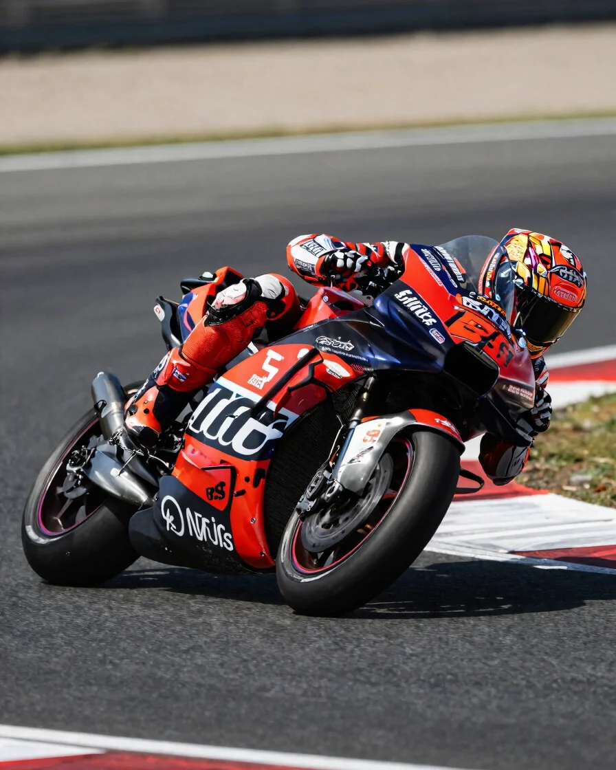 Dramatic telephoto trackside portrait of a MotoGP rider leaning d