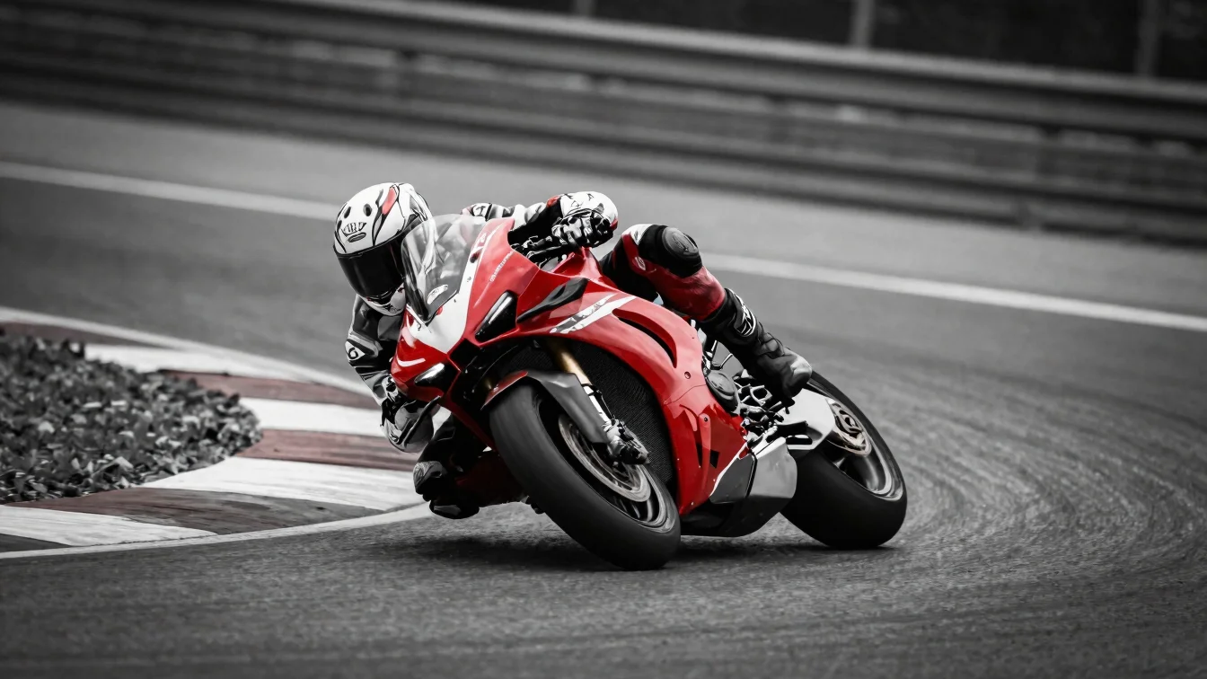 Tightly framed rider-and-bike action on a racing motorcycle through a fast corner, charcoal and white palette with a rac