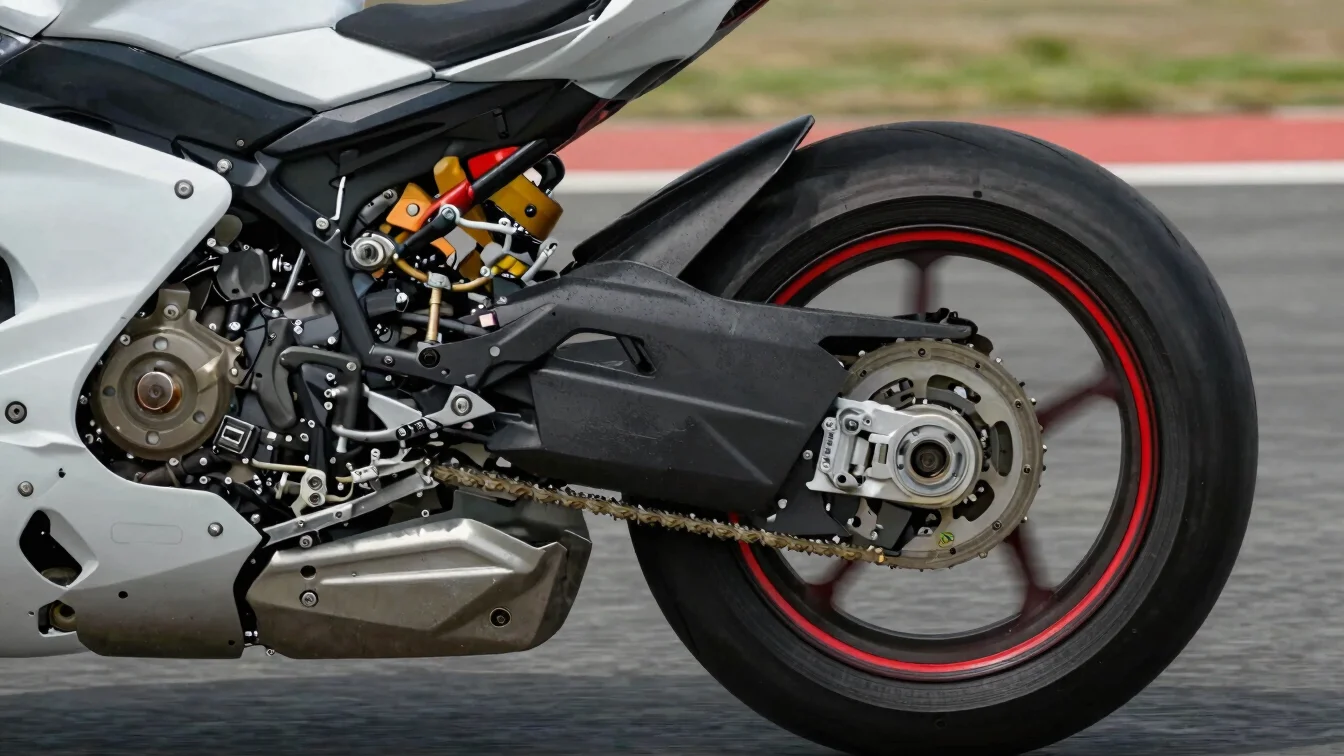 Close detail shot of a motorcycle winglet and aerodynamic bodywork on a racing bike, crisp white and charcoal tones, rac