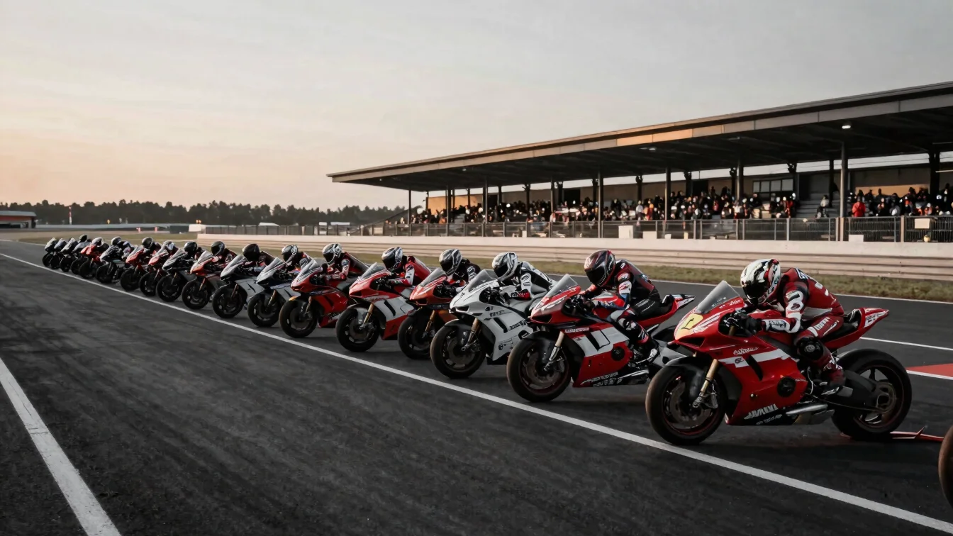 Energetic wide track view of racing motorcycles lined up in a paddock at golden hour, dramatic natural light, charcoal a