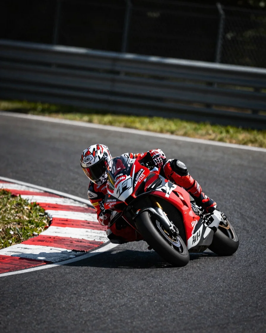 Editorial motorsport photography, a motorcycle leaned deep into a trackside corner under dramatic natural light, racing