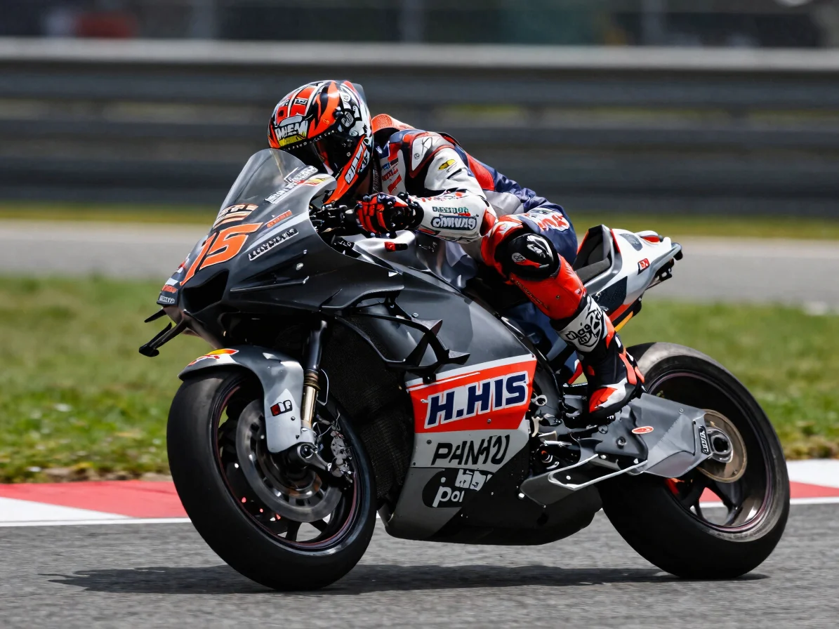 Close detail of a MotoGP rider crouched over the tank during a fa