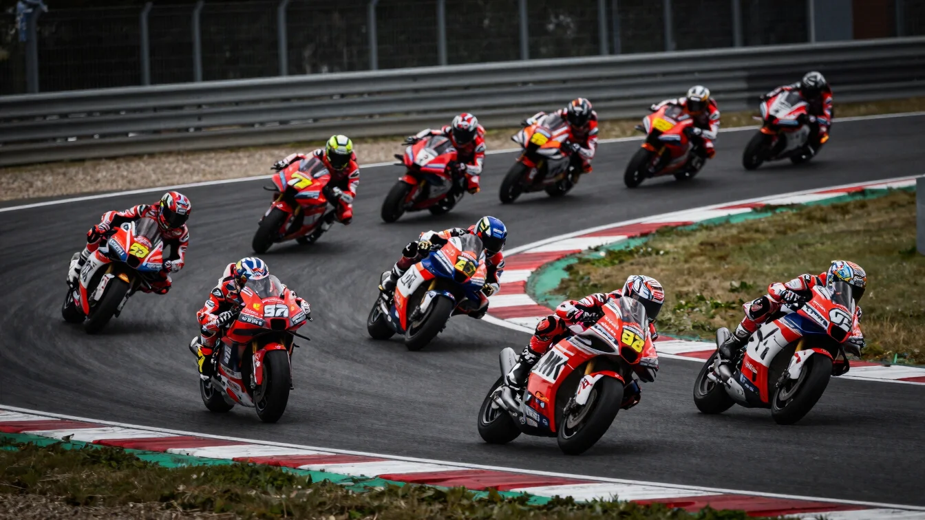 Wide track view of a pack of WorldSBK superbikes entering a fast