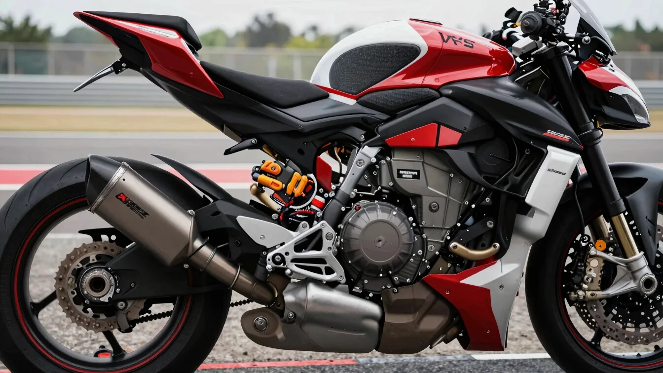 Close detail of a superbike engine and exhaust during a paddock s