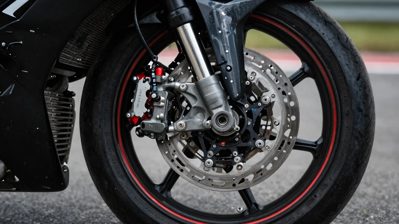 Detailed shot of a motorcycle front brake assembly and wheel unde