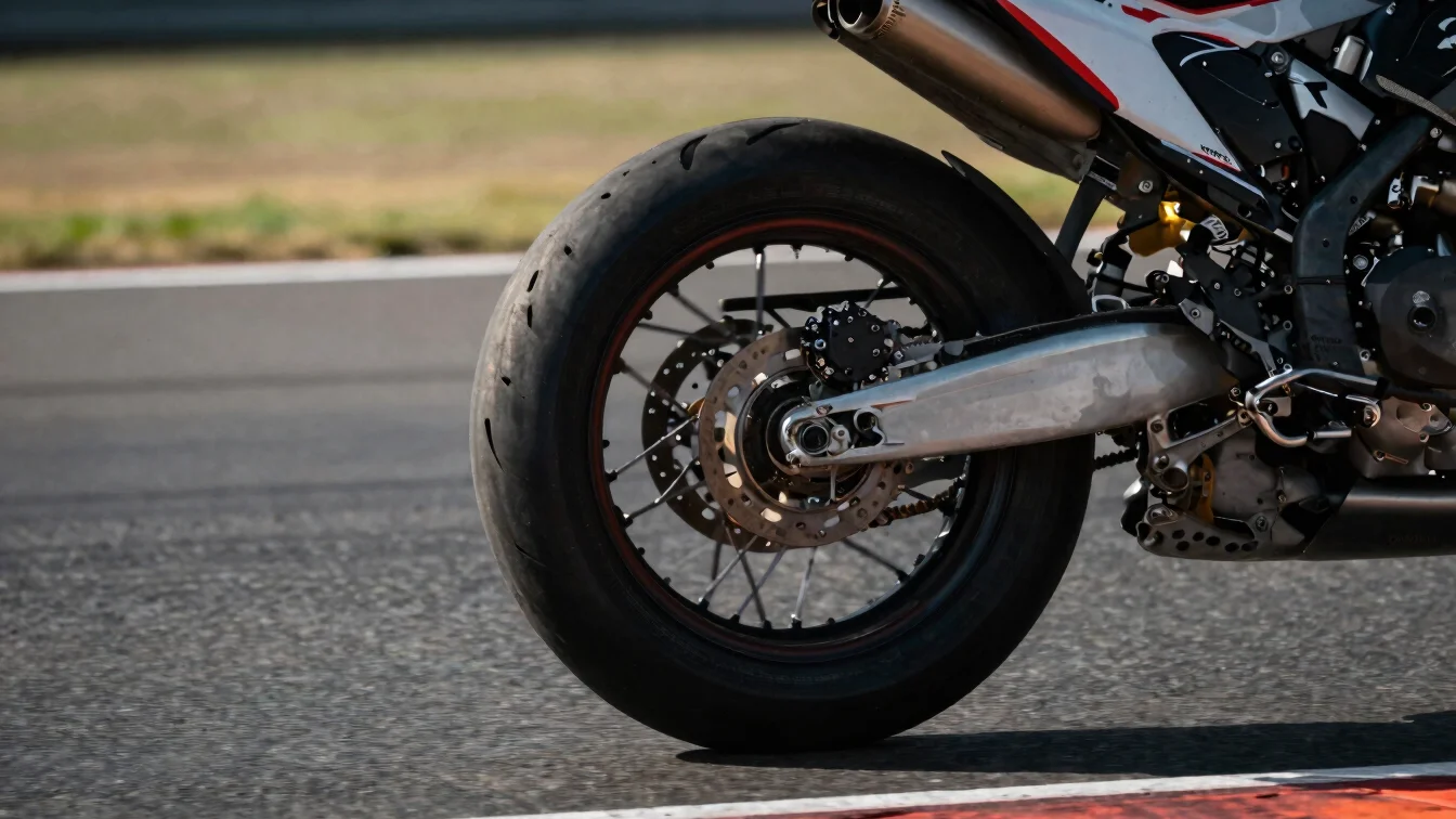 Motorcycle rear tyre close-up on a racing circuit, dramatic side