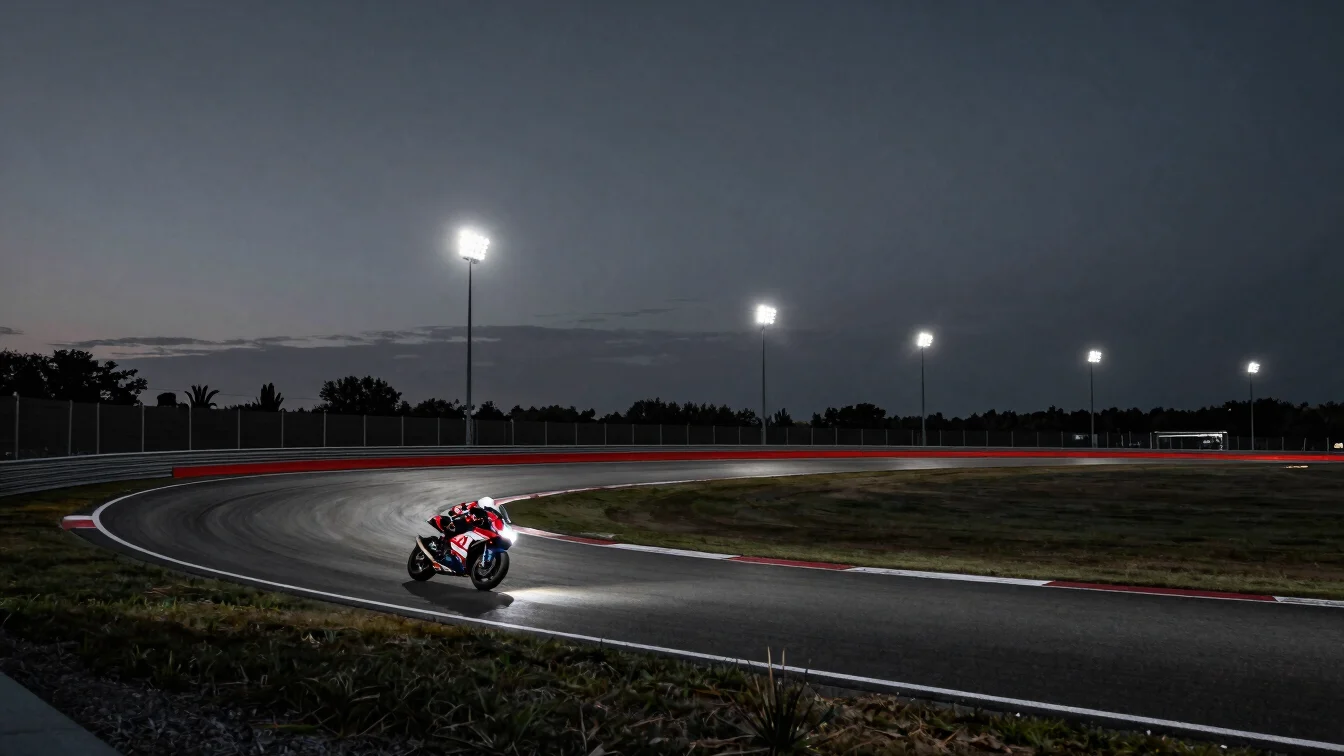 Wide energetic track view at dusk with a lone race bike cornering