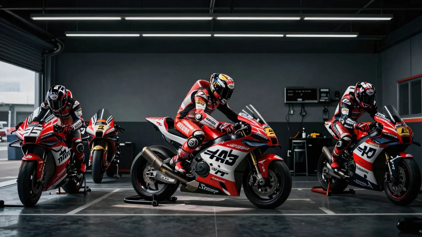 Dramatic moody photograph of a race team working on a motorcycle
