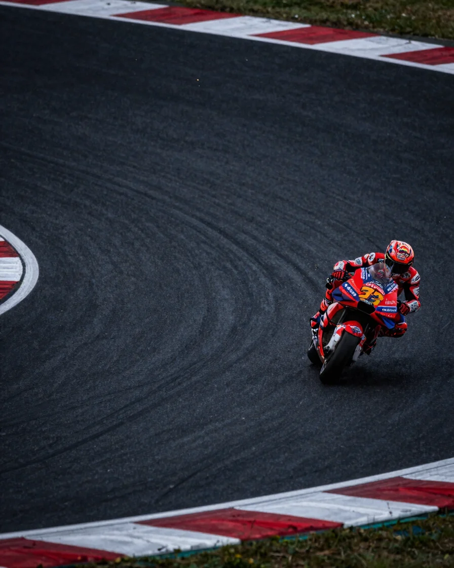 Dramatic trackside telephoto shot of a MotoGP rider leaning hard